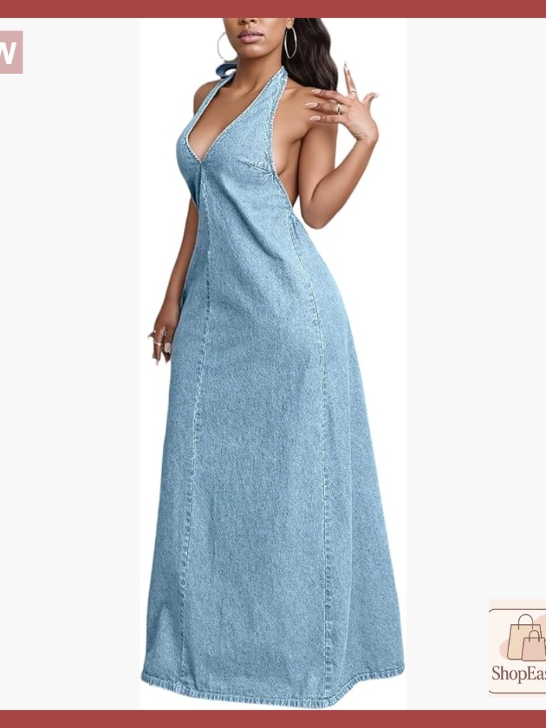 Sleeveless Maxi Denim Dress Halter Backless Deep V Neck Flowy Y2k Chic